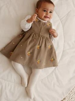 Olijfgroen geborduurd - Set van corduroy pinafore, bodysuit met lange mouwen en maillot voor baby's (0mnd-2jr)
