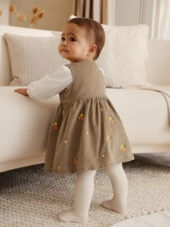 Olijfgroen geborduurd - Set van corduroy pinafore, bodysuit met lange mouwen en maillot voor baby's (0mnd-2jr)