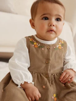 Olijfgroen geborduurd - Set van corduroy pinafore, bodysuit met lange mouwen en maillot voor baby's (0mnd-2jr)