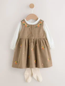 Olijfgroen geborduurd - Set van corduroy pinafore, bodysuit met lange mouwen en maillot voor baby's (0mnd-2jr)
