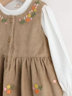 Olijfgroen geborduurd - Set van corduroy pinafore, bodysuit met lange mouwen en maillot voor baby's (0mnd-2jr)