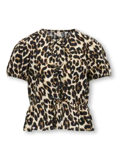 ONLY KIDS Leopard Print Puff Sleeve Bow Black Blouse