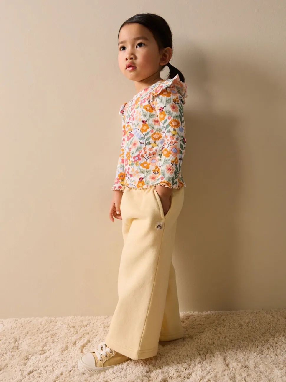 Oranje fijn gebloemd - Long Sleeve Ribbed Frill Top (3mths-7yrs)