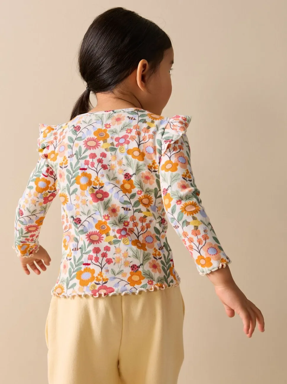 Oranje fijn gebloemd - Long Sleeve Ribbed Frill Top (3mths-7yrs)