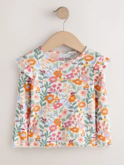 Oranje fijn gebloemd - Long Sleeve Ribbed Frill Top (3mths-7yrs)