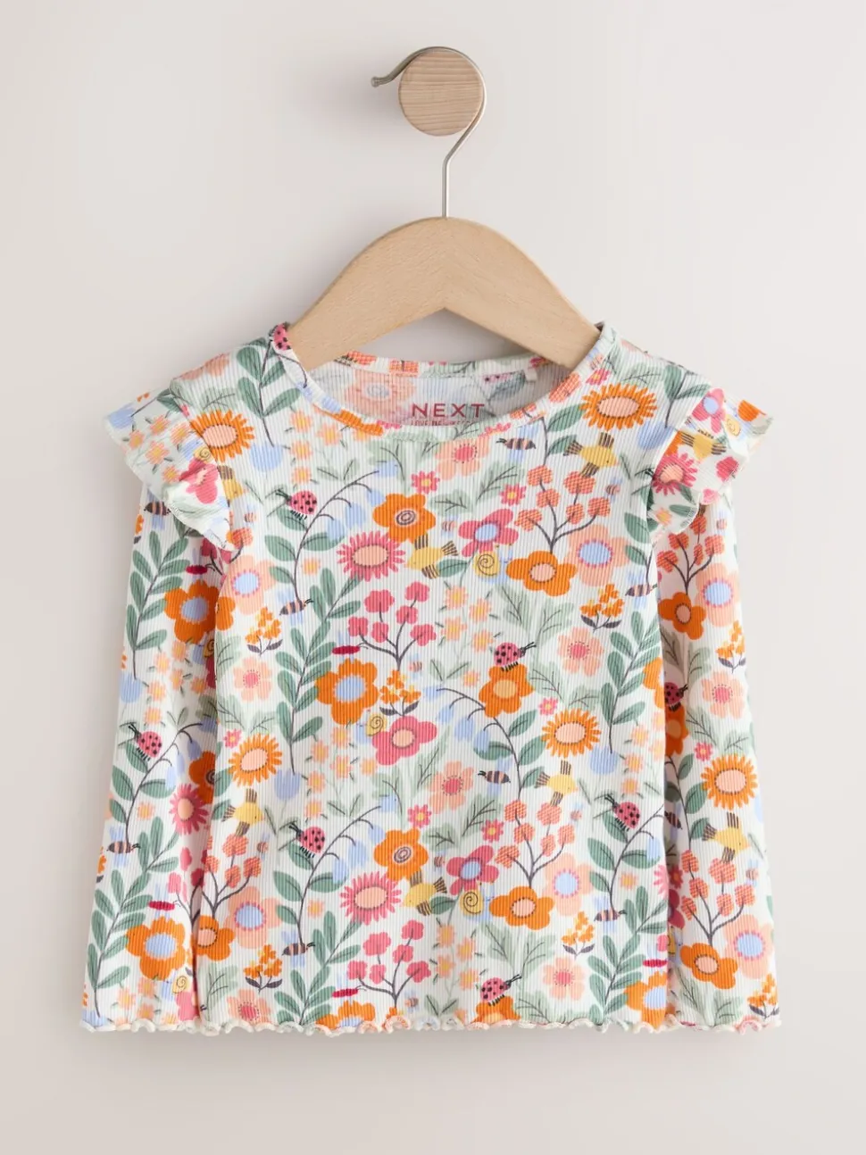 Oranje fijn gebloemd - Long Sleeve Ribbed Frill Top (3mths-7yrs)