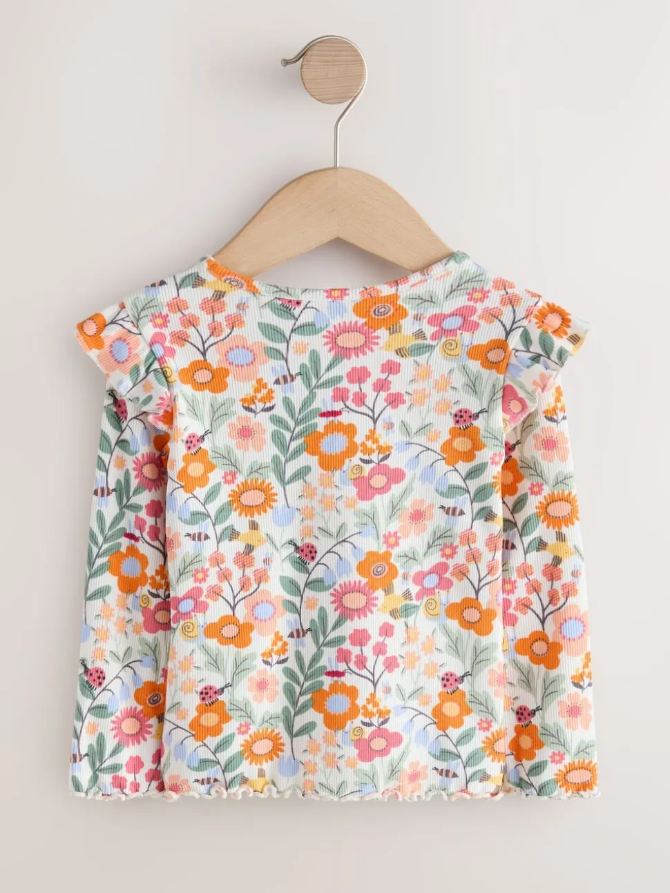 Oranje fijn gebloemd - Long Sleeve Ribbed Frill Top (3mths-7yrs)