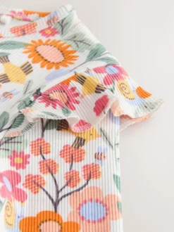 Oranje fijn gebloemd - Long Sleeve Ribbed Frill Top (3mths-7yrs)