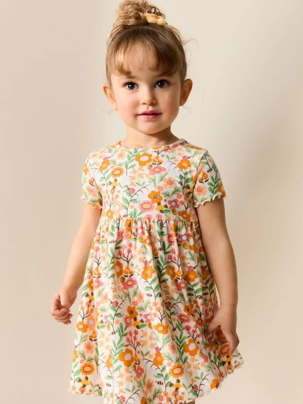 Oranje met bloemen - Short Sleeve Ribbed Dress (3mths-7yrs)
