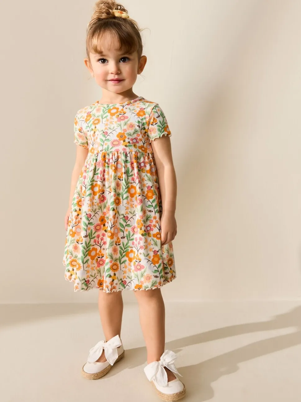 Oranje met bloemen - Short Sleeve Ribbed Dress (3mths-7yrs)