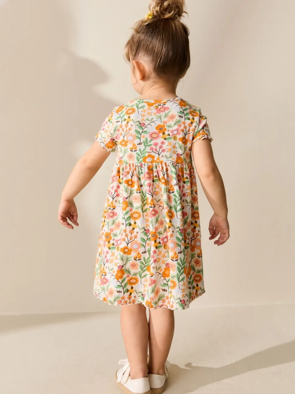 Oranje met bloemen - Short Sleeve Ribbed Dress (3mths-7yrs)