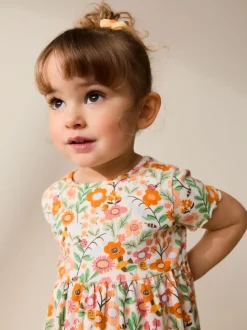 Oranje met bloemen - Short Sleeve Ribbed Dress (3mths-7yrs)