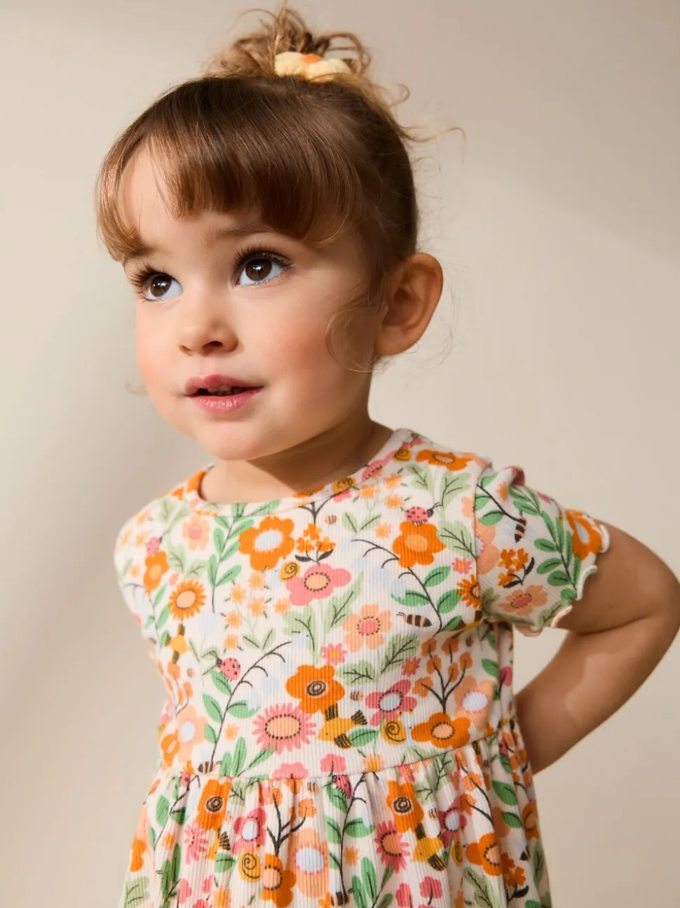 Oranje met bloemen - Short Sleeve Ribbed Dress (3mths-7yrs)