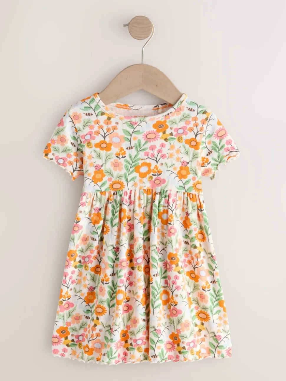 Oranje met bloemen - Short Sleeve Ribbed Dress (3mths-7yrs)