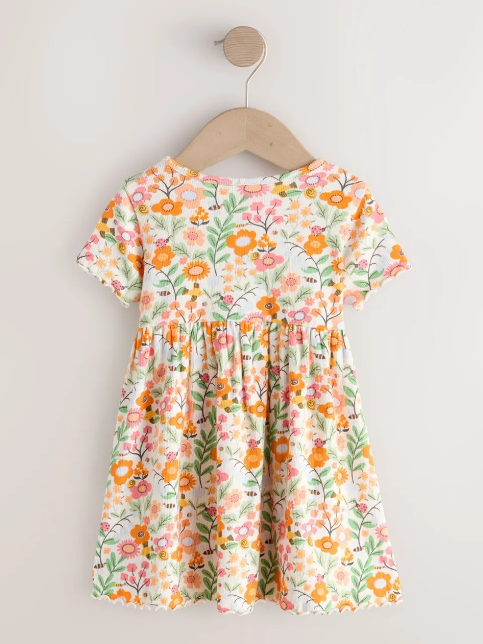 Oranje met bloemen - Short Sleeve Ribbed Dress (3mths-7yrs)