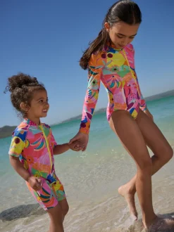 Oranje tropisch - Long Sleeve Sunsafe Swimsuit (3mths-16yrs)