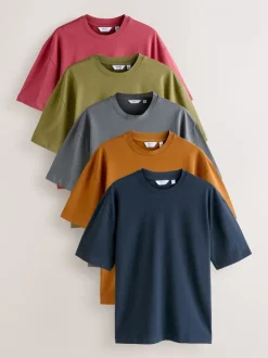 Oranje/Grijs/Groen/Marineblauw/Rood - Set van 5 ruimvallende dikke T-shirts