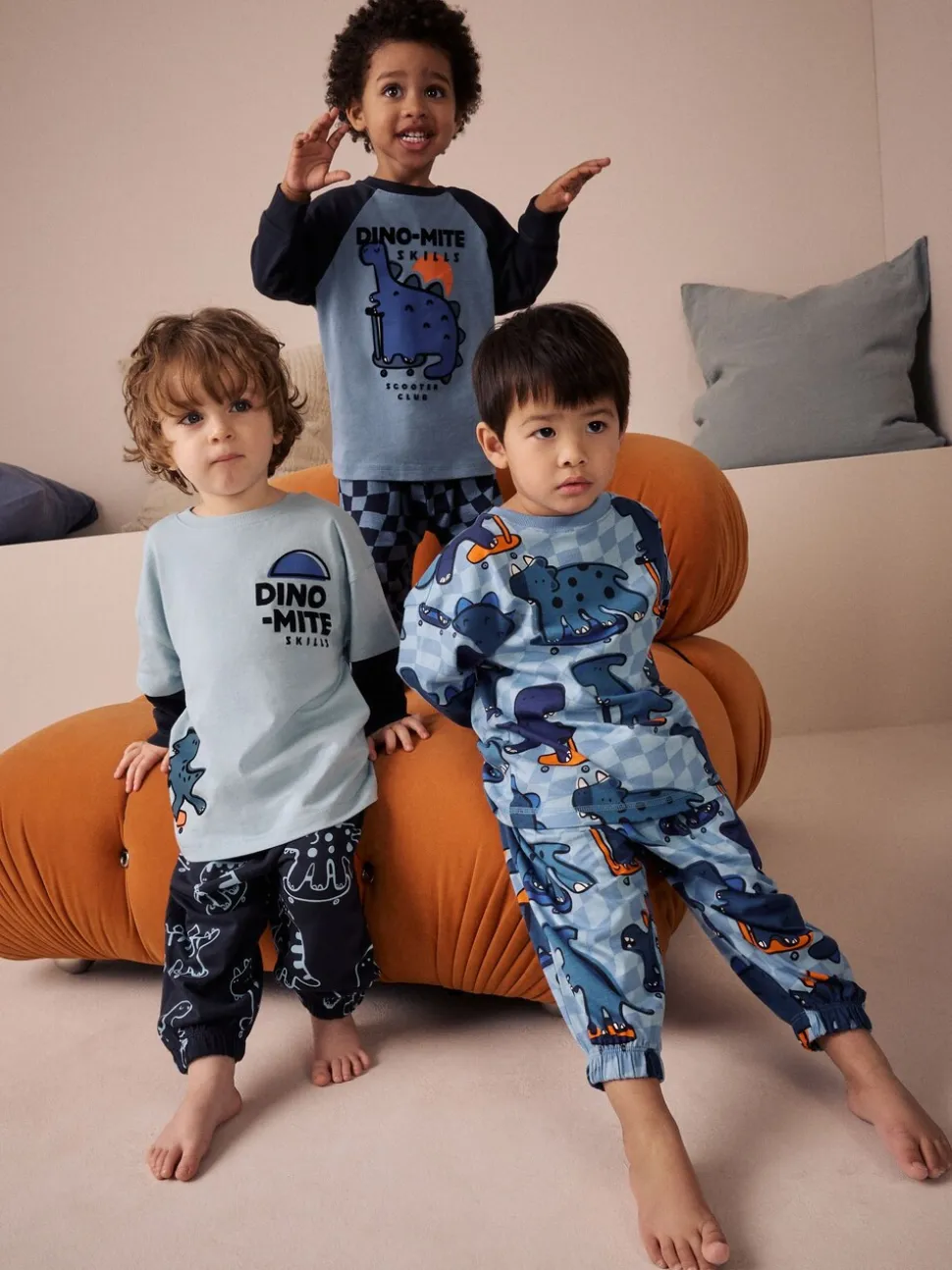 Oranje/marineblauwe met dinosaurusprint - Verpakking van 3 oversized pyjama's 3 (9mnd -10jr)