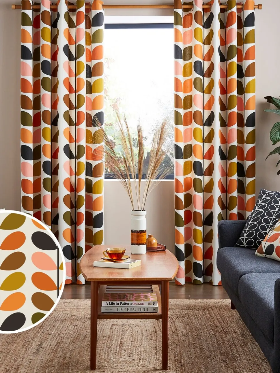 Orla Kiely - Veelkleurige ringgordijnen met bladertakken