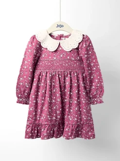 Oudroze met bloemenprint - JoJo Maman Bébé Smocked Jersey Dress with Broderie Collar