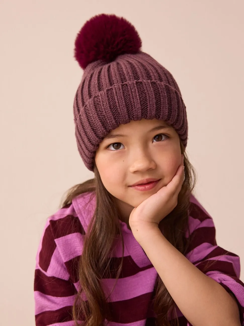 Paars - Geribbelde beanie-muts met pompon (3mnd -16jr)