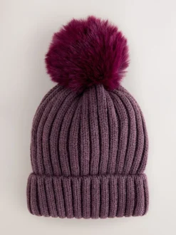 Paars - Geribbelde beanie-muts met pompon (3mnd -16jr)