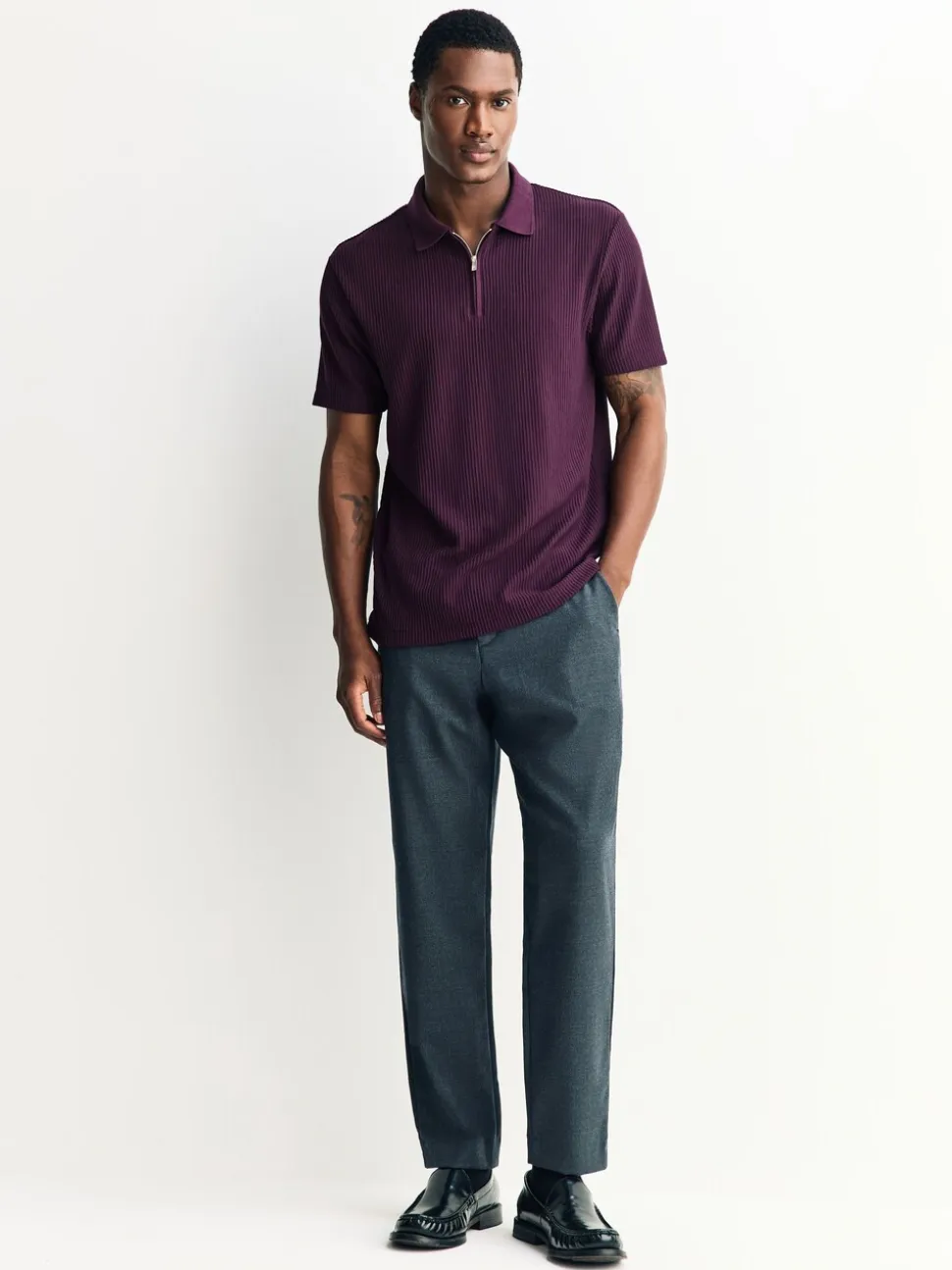 Paars - Smart poloshirt met textuur en rits