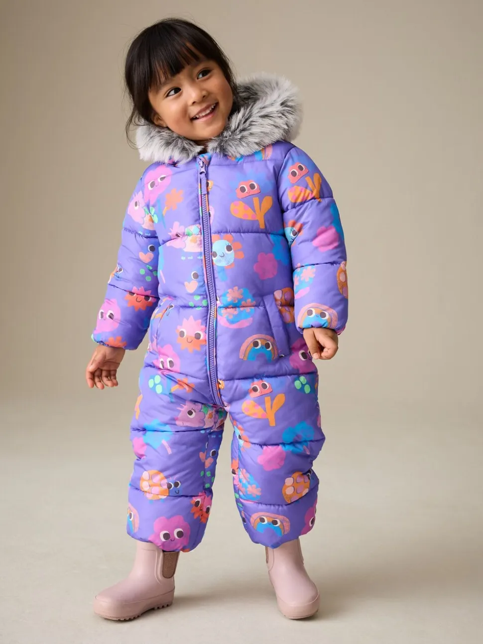 Paars met figuurtjes - Regenbestendig sneeuwpak met imitatiebont (3mnd-7jr)