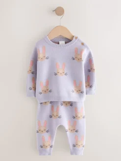 Paars met konijnenprint - Gebreide babytrui en leggings set 2 -delig (0mnd -2jr)