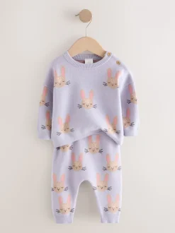 Paars met konijnenprint - Gebreide babytrui en leggings set 2 -delig (0mnd -2jr)