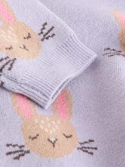 Paars met konijnenprint - Gebreide babytrui en leggings set 2 -delig (0mnd -2jr)