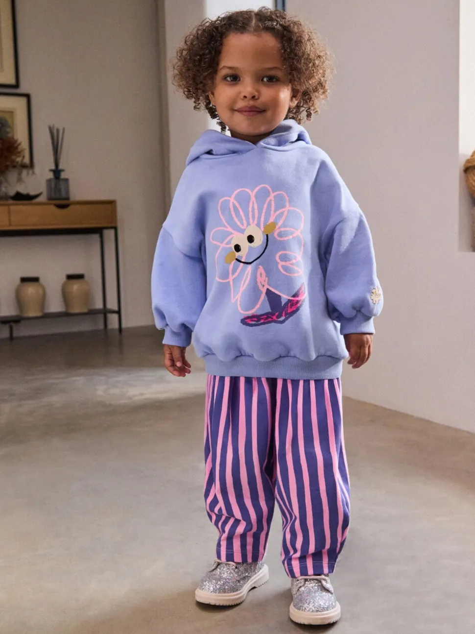 Paarse gestreepte bloem - Set met hoodie en joggingbroek met rechte wijde pijpen (3mnd -7jr)