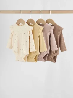 Paars/geel/crème met fijne print - Verpakking van 4 babyrompers met lange mouwen en ruches (0mnd-2jr)