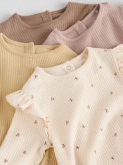 Paars/geel/crème met fijne print - Verpakking van 4 babyrompers met lange mouwen en ruches (0mnd-2jr)
