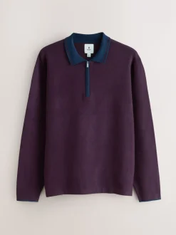 Paars/marineblauw - Half met rits - Regular Fit Premium Mid Weight Long Sleeve Knit Polo Shirt