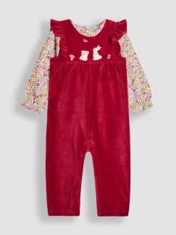 Paarsrood met konijnenprint - JoJo Maman Bébé Appliqué Velour Dungarees & Top Set