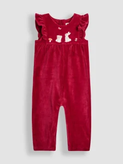 Paarsrood met konijnenprint - JoJo Maman Bébé Appliqué Velour Dungarees & Top Set