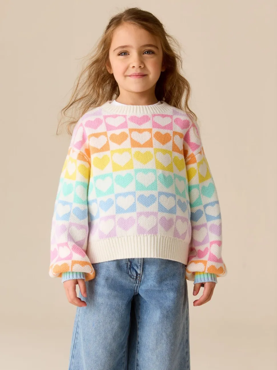 Pastel Rainbow Hearts - Little Bird by Jools Oliver Knitted Colourblock Jumper
