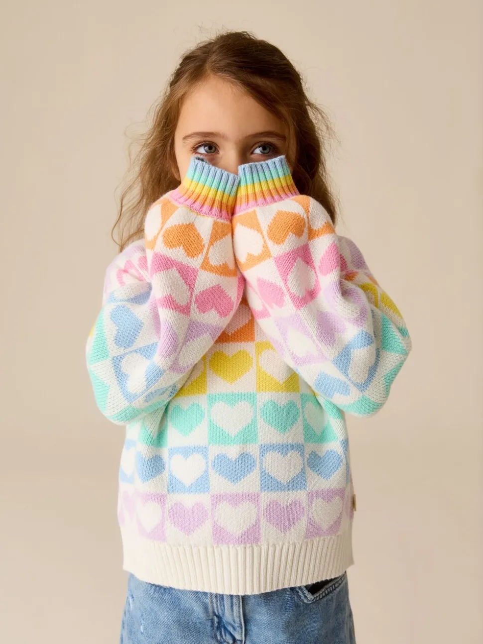 Pastel Rainbow Hearts - Little Bird by Jools Oliver Knitted Colourblock Jumper