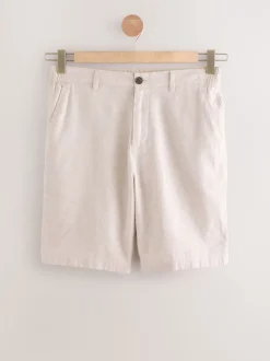 Pastelgeel - Korte chino met elastische taille met hoog linnenpercentage
