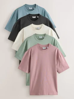 PastelGroen/Blauw/Ecru/leigrijs/Roze - Set van 5 ruimvallende dikke T-shirts