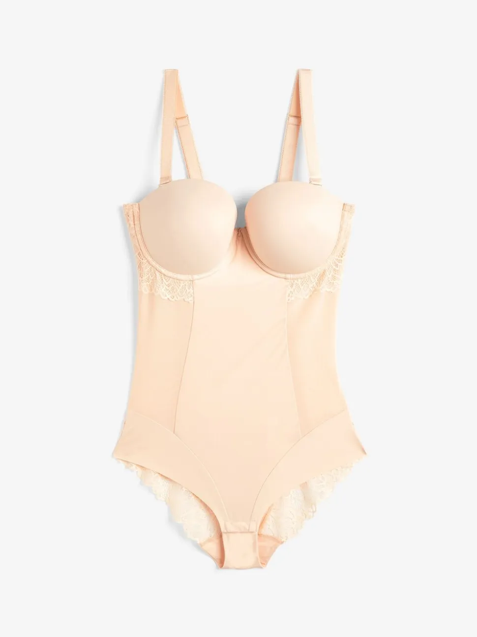 Pastelroze nude - DD+ kanten tummy control body met lichte vulling