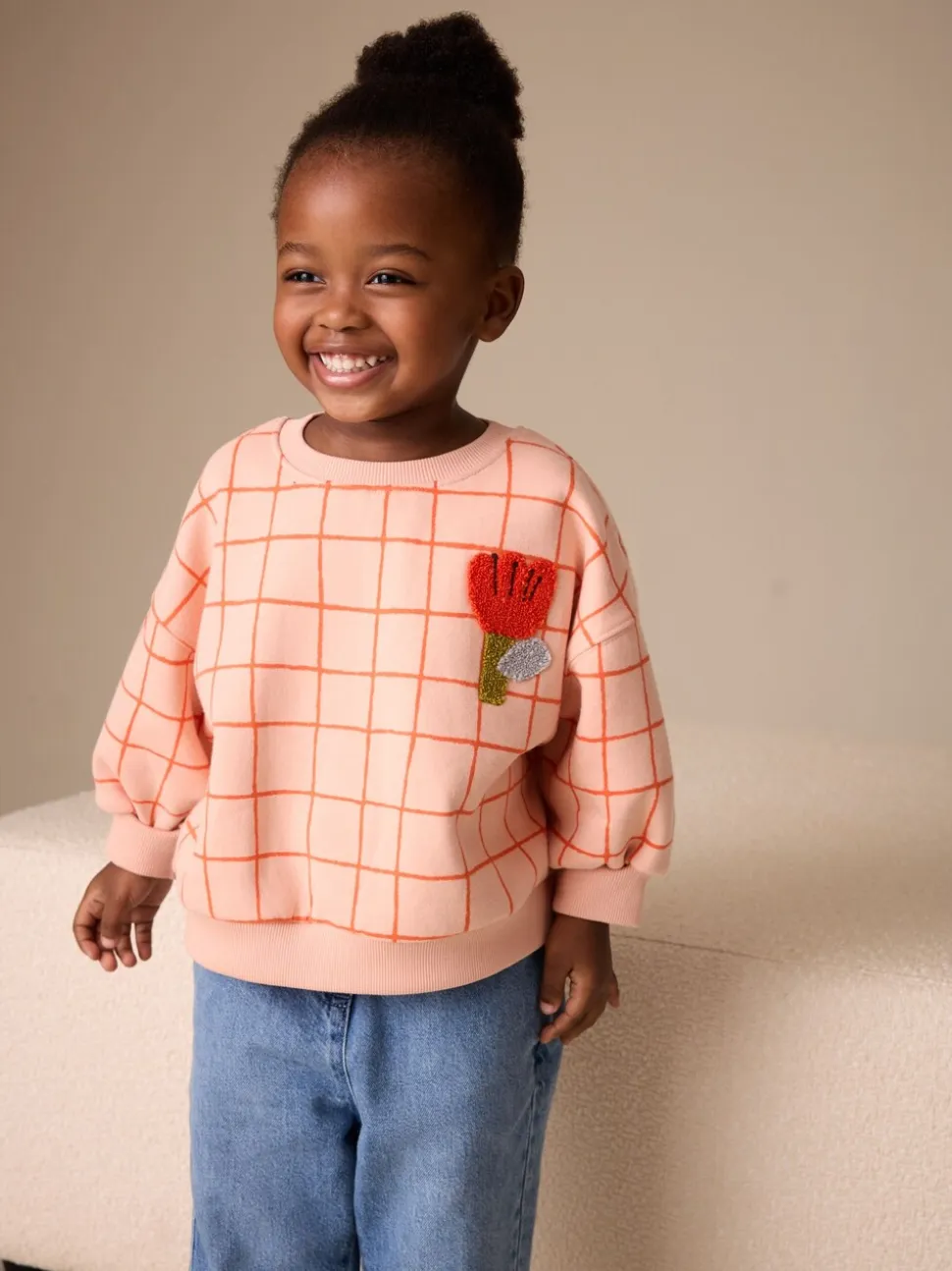 Perzikroze raster - Sweatshirt met ronde hals (3 mnd-7 jr)