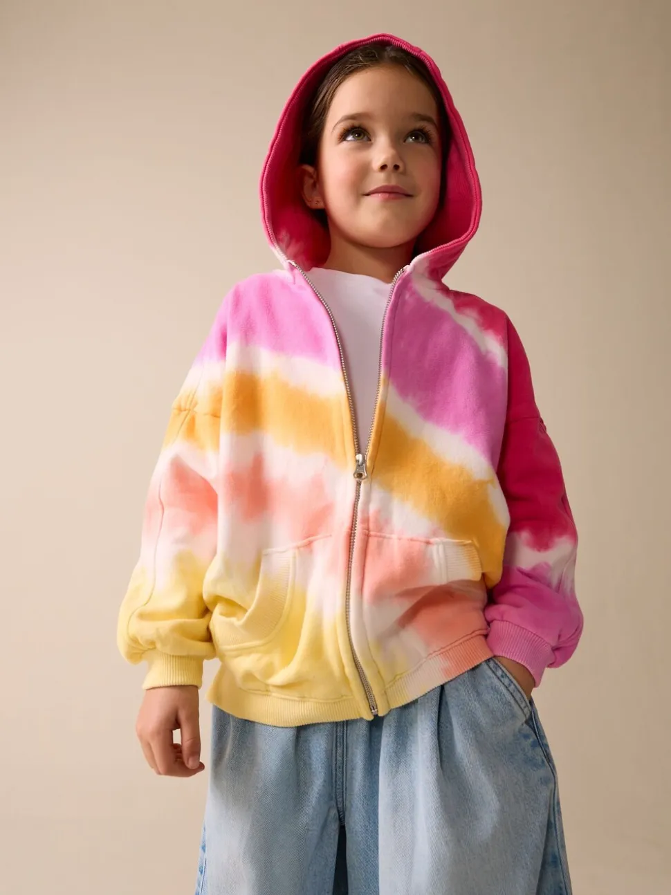 Pink Multi Tie Dye - Hoodie met doorlopende rits (3-16 jr)