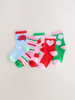 Pink Red and Green - Cotton Rich Charcter Ankle Socks 5 Pack