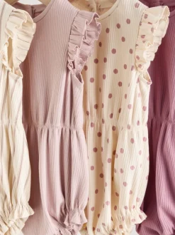 Pink Tonal Spot and Stripe - Frill Shoulder Baby Rompers 4 Pack