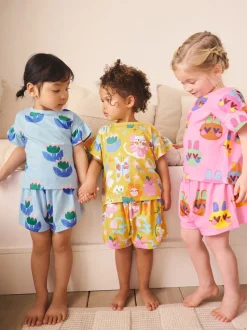 Pink/Blue Cat/Floral Print - Verpakking van 3 korte pyjama's (9mnd -12jr)