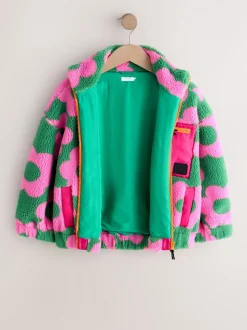 Pink/Green Flower - Zip Up Borg Jacket (3-16yrs)