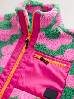 Pink/Green Flower - Zip Up Borg Jacket (3-16yrs)