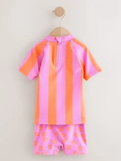 Pink/Orange Stripe Hibiscus - Zonbeschermende zwemset met korte mouwen (3mnd-10jr)